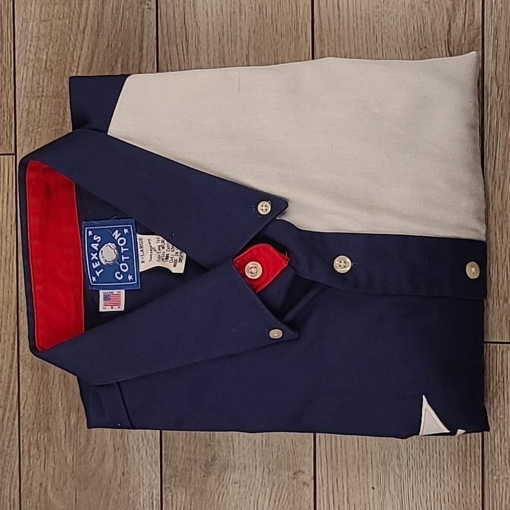TEXAS COTTON‎ Western Embroidered Red White Blue Flag XL Long Sleeve Large Shirt